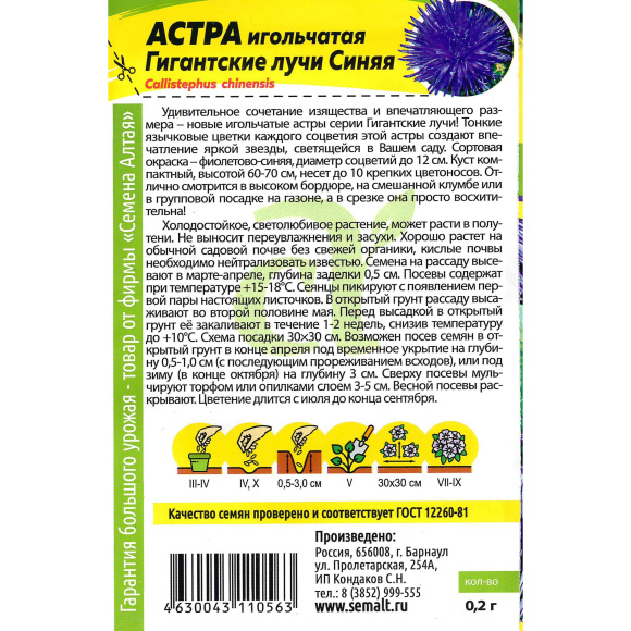 Астра Гигантские лучи Синяя [Семена алтая] купить с доставкой