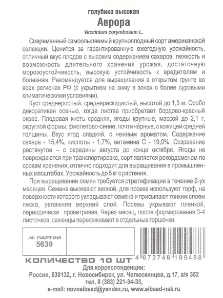 Голубика Аврора [Сиб Сад] купить с доставкой